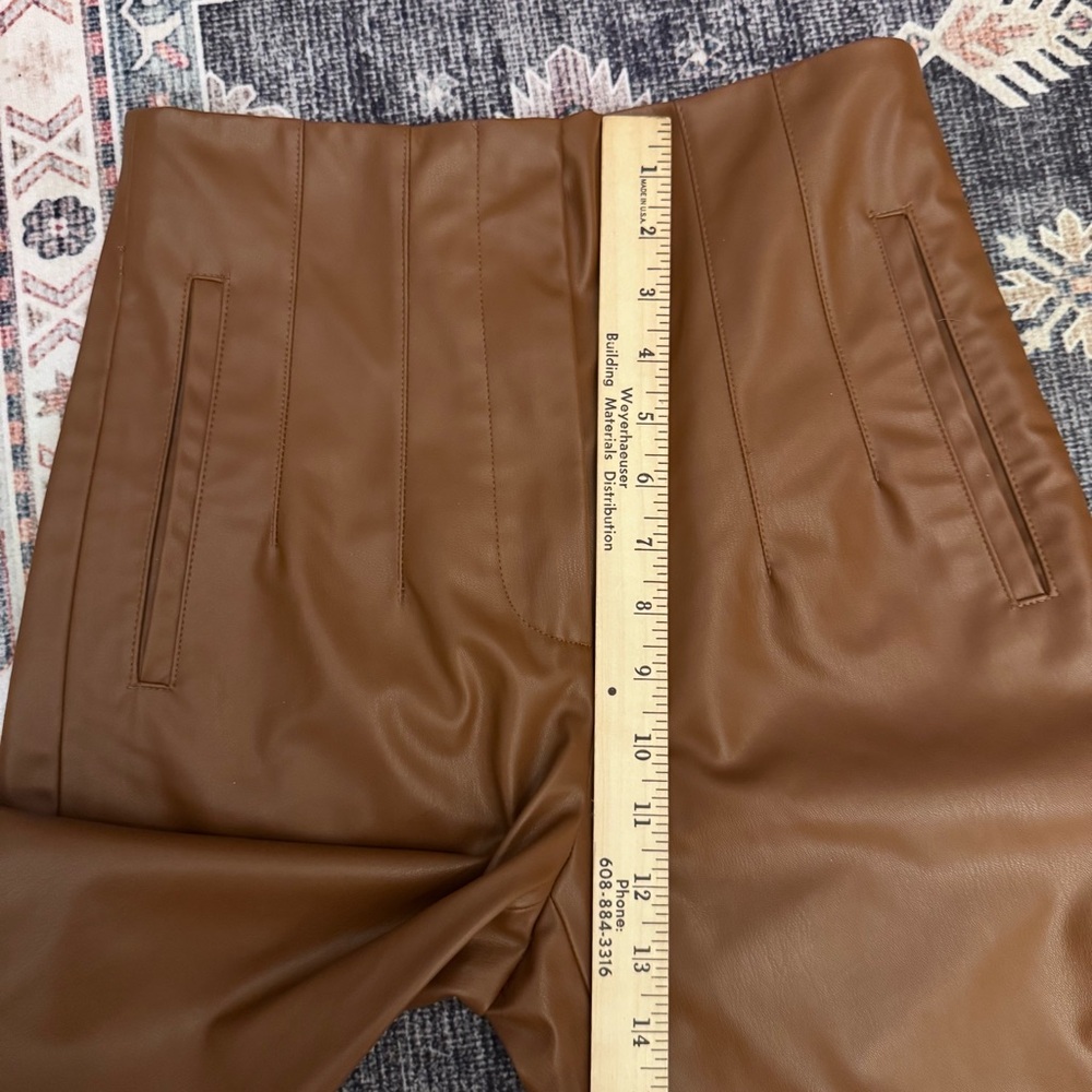 ZARA Faux Leather Straight Leg Pleated High Waist Pants Brown Women’s Size Small - Picture 14 of 15